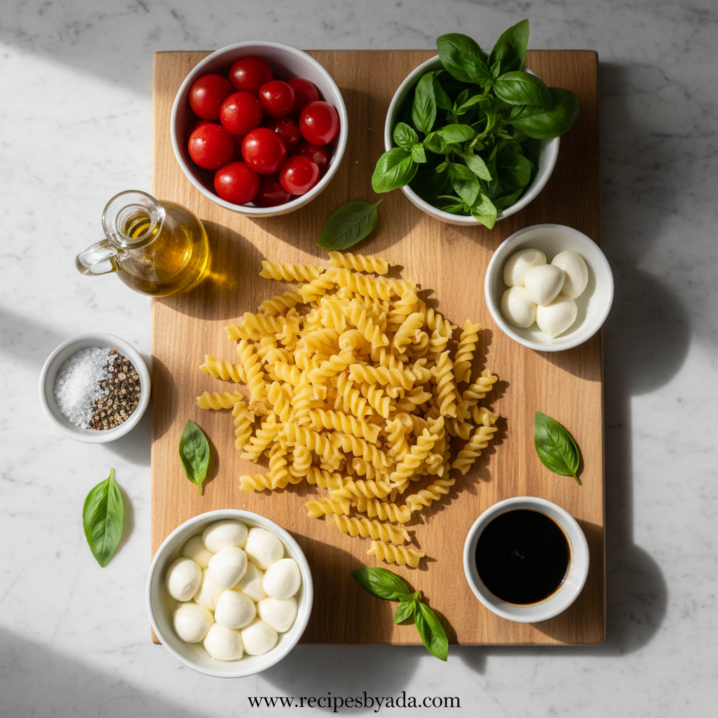 Ingredients for Creamy Caprese Pasta Salad