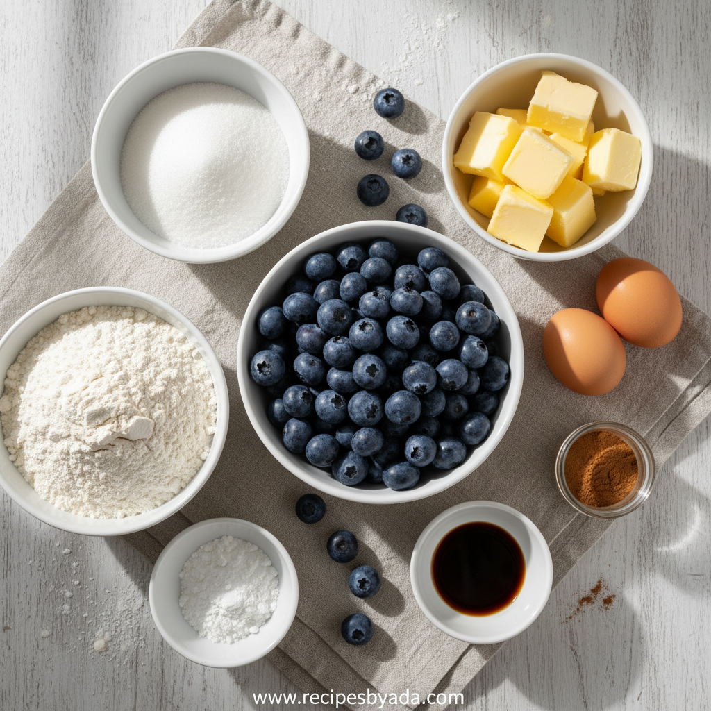 Ingredients for blueberry muffins with crumble topping
